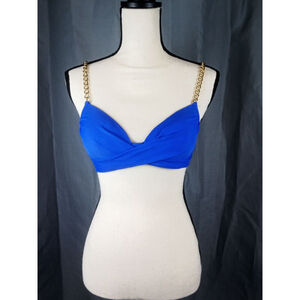 Bikini top, blue with gold chain straps, size S